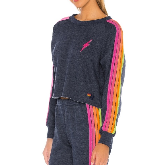 Aviator Nation Bolt Cropped Classic Crewneck in Heather Navy - Picture 3 of 6